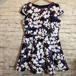 Coleen X Dress Womens 14 Purple Floral Watercolor Fit & Flare Cap Sleeve Mesh